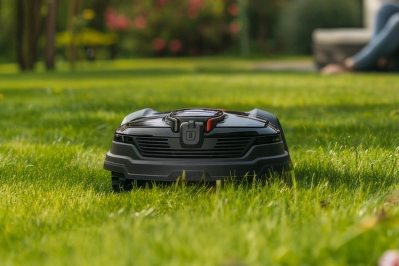 Ein Mähroboter auf einem grünen Rasen.